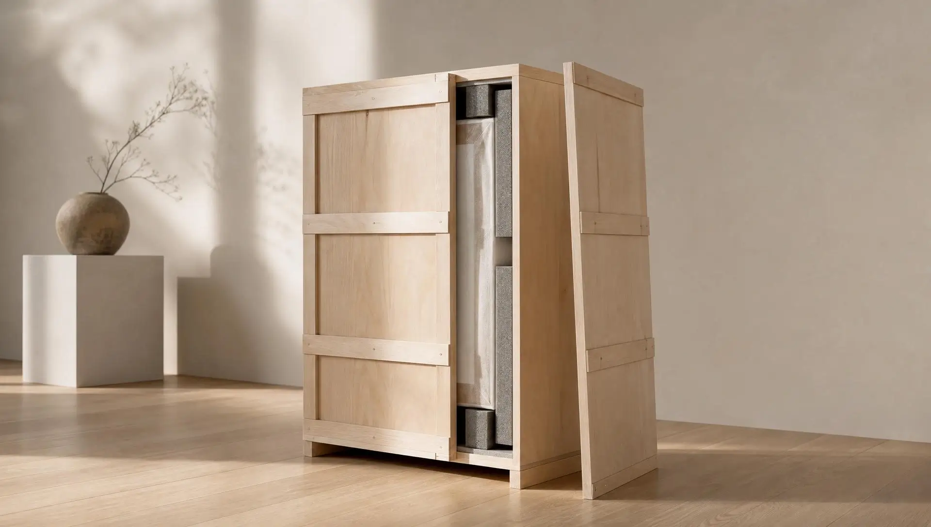 Custom wooden crate built by a California packing team for fine art